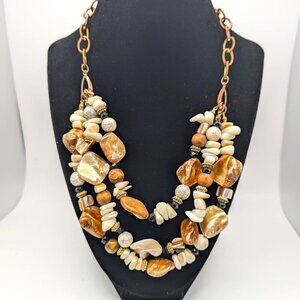 Vintage Multi-strand Chunky Necklace Gold Brown Cream Stone Mother of Pearl Bead